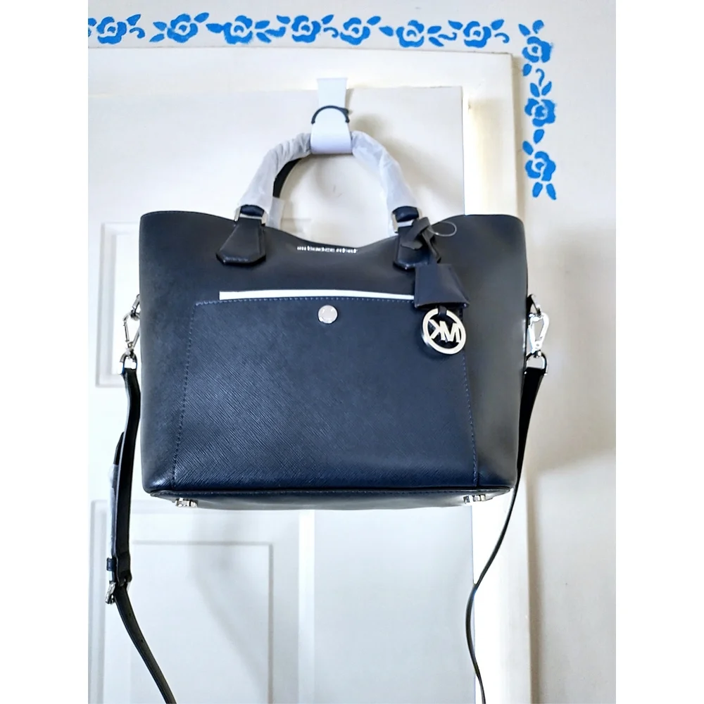 New! MICHAEL KORS Leather Greenwich Large Grab Bag Handbag Crossbody Navy Blue